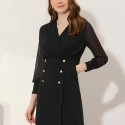 Allegra K Women's Elegant V Neck Contrast Button Decor Sheer Long Sleeve Dress