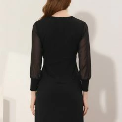 Allegra K Women's Elegant V Neck Contrast Button Decor Sheer Long Sleeve Dress