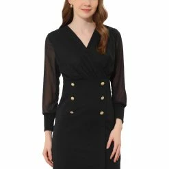 Allegra K Women's Elegant V Neck Contrast Button Decor Sheer Long Sleeve Dress