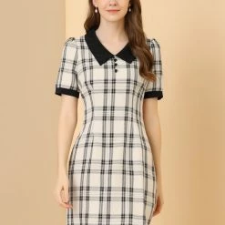 Allegra K Women's Short Sleeve Plaid Mini Dress Contrast Peter Pan Collar Casual Work Dresses 12 Allegra K Women's Short Sleeve Plaid Mini Dress Contrast Peter Pan Collar Casual Work Dresses