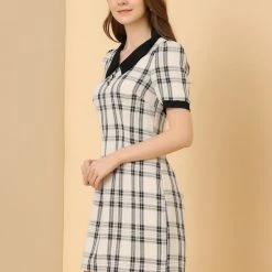 Allegra K Women's Short Sleeve Plaid Mini Dress Contrast Peter Pan Collar Casual Work Dresses 13 Allegra K Women's Short Sleeve Plaid Mini Dress Contrast Peter Pan Collar Casual Work Dresses