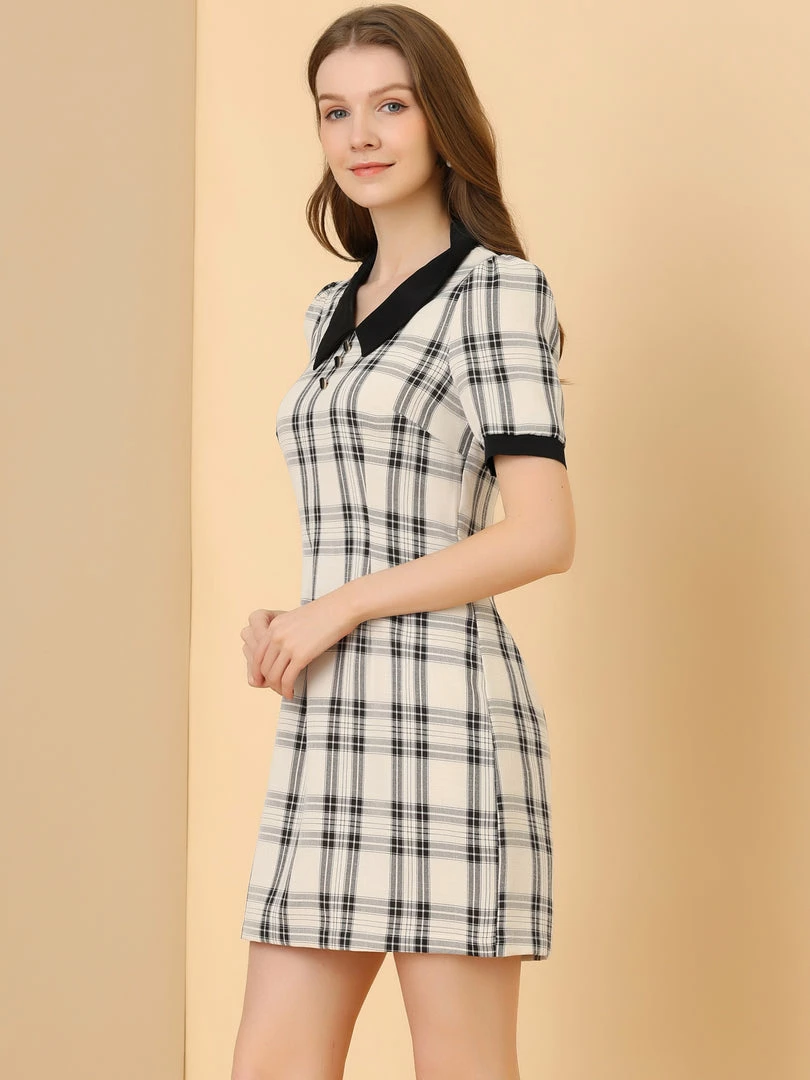 Allegra K Women's Short Sleeve Plaid Mini Dress Contrast Peter Pan Collar Casual Work Dresses 7 Allegra K Women's Short Sleeve Plaid Mini Dress Contrast Peter Pan Collar Casual Work Dresses