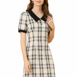 Allegra K Women's Short Sleeve Plaid Mini Dress Contrast Peter Pan Collar Casual Work Dresses