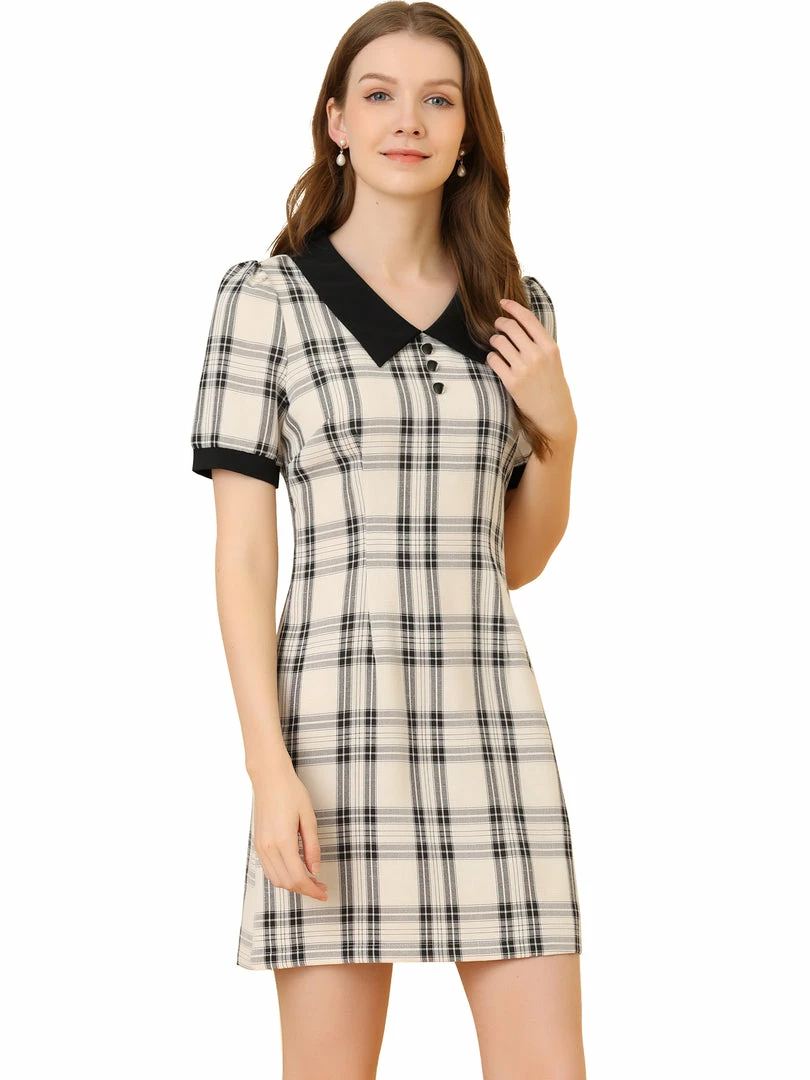Allegra K Women's Short Sleeve Plaid Mini Dress Contrast Peter Pan Collar Casual Work Dresses 4 Allegra K Women's Short Sleeve Plaid Mini Dress Contrast Peter Pan Collar Casual Work Dresses