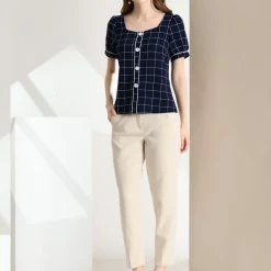 Allegra K Women's Plaid Square Neck Short Puff Sleeve Button Decor Blouse Top