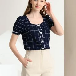 Allegra K Women's Plaid Square Neck Short Puff Sleeve Button Decor Blouse Top