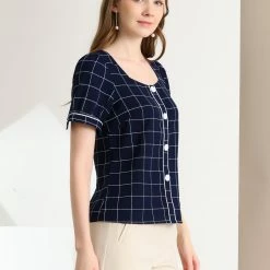 Allegra K Women's Plaid Square Neck Short Puff Sleeve Button Decor Blouse Top