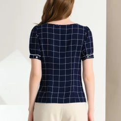 Allegra K Women's Plaid Square Neck Short Puff Sleeve Button Decor Blouse Top