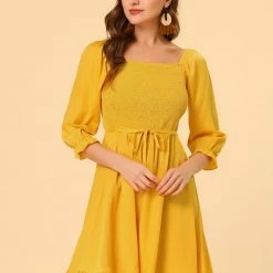 Allegra K Women's Square Neck 3/4 Sleeve Solid Color Smocked Ruffle Hem Dress