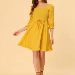 Allegra K Women's Square Neck 3/4 Sleeve Solid Color Smocked Ruffle Hem Dress