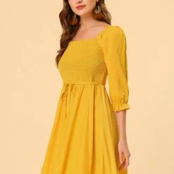 Allegra K Women's Square Neck 3/4 Sleeve Solid Color Smocked Ruffle Hem Dress