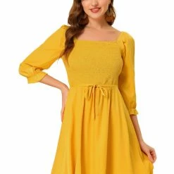 Allegra K Women's Square Neck 3/4 Sleeve Solid Color Smocked Ruffle Hem Dress