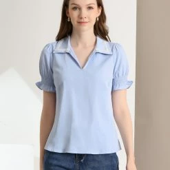 Allegra K Women's Casual Solid Turn-Down Collar V Neck Bell Sleeve Lace Trim Blouse 12 Allegra K Women's Casual Solid Turn-Down Collar V Neck Bell Sleeve Lace Trim Blouse