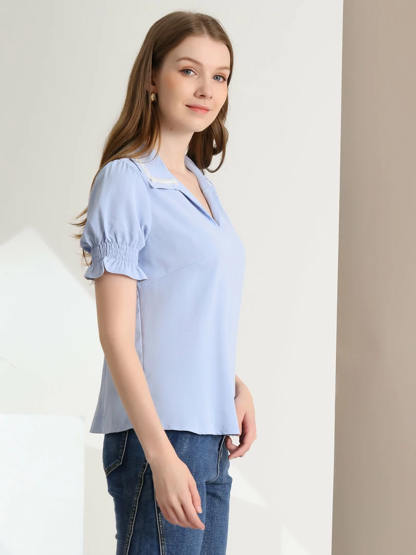 Allegra K Women's Casual Solid Turn-Down Collar V Neck Bell Sleeve Lace Trim Blouse 7 Allegra K Women's Casual Solid Turn-Down Collar V Neck Bell Sleeve Lace Trim Blouse