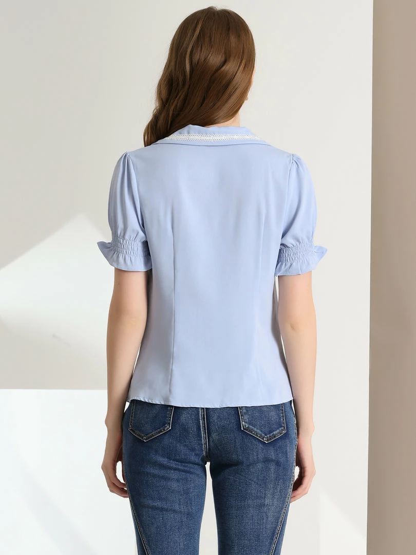 Allegra K Women's Casual Solid Turn-Down Collar V Neck Bell Sleeve Lace Trim Blouse 8 Allegra K Women's Casual Solid Turn-Down Collar V Neck Bell Sleeve Lace Trim Blouse