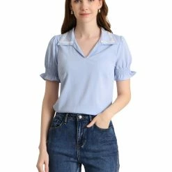 Allegra K Women's Casual Solid Turn-Down Collar V Neck Bell Sleeve Lace Trim Blouse