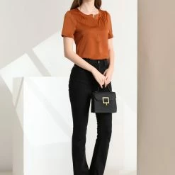 Allegra K Women's Satin Blouse Pleated Round Neck Button Front Puff Sleeve Office Top