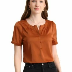 Allegra K Women's Satin Blouse Pleated Round Neck Button Front Puff Sleeve Office Top