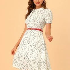Allegra K Women's Peter Pan Collar Tie Neck Short Sleeves A-Line Elegant Belted Floral Dress