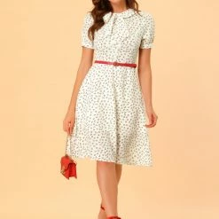 Allegra K Women's Peter Pan Collar Tie Neck Short Sleeves A-Line Elegant Belted Floral Dress