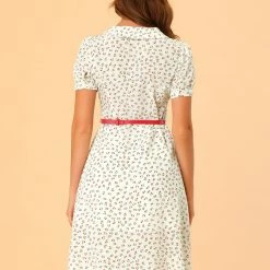 Allegra K Women's Peter Pan Collar Tie Neck Short Sleeves A-Line Elegant Belted Floral Dress