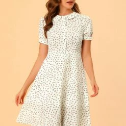 Allegra K Women's Peter Pan Collar Tie Neck Short Sleeves A-Line Elegant Belted Floral Dress