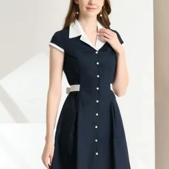 Allegra K Women's Vintage Button Down Dress Flat Collar Belted Office Mini Shirt Dress