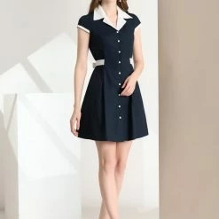 Allegra K Women's Vintage Button Down Dress Flat Collar Belted Office Mini Shirt Dress