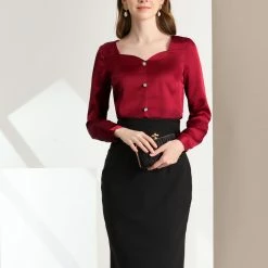 Allegra K Women's Sweetheart Neck Satin Long Sleeve To Work Elegant Blouse 11 Allegra K Women's Sweetheart Neck Satin Long Sleeve To Work Elegant Blouse