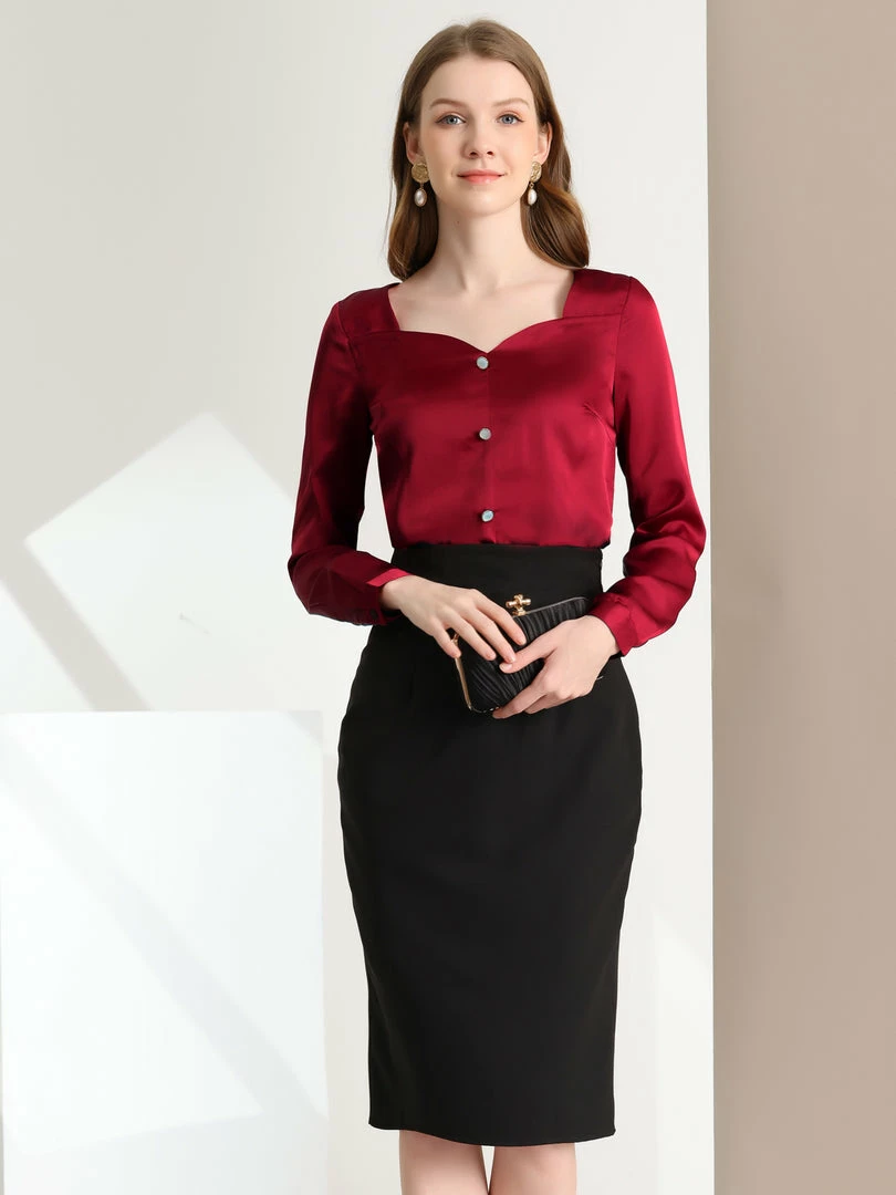 Allegra K Women's Sweetheart Neck Satin Long Sleeve To Work Elegant Blouse 5 Allegra K Women's Sweetheart Neck Satin Long Sleeve To Work Elegant Blouse