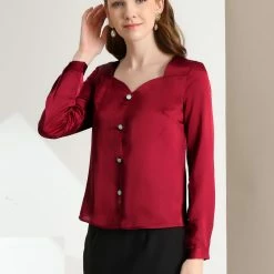 Allegra K Women's Sweetheart Neck Satin Long Sleeve To Work Elegant Blouse 12 Allegra K Women's Sweetheart Neck Satin Long Sleeve To Work Elegant Blouse