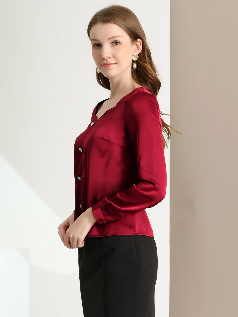 Allegra K Women's Sweetheart Neck Satin Long Sleeve To Work Elegant Blouse 7 Allegra K Women's Sweetheart Neck Satin Long Sleeve To Work Elegant Blouse