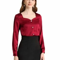 Allegra K Women's Sweetheart Neck Satin Long Sleeve To Work Elegant Blouse