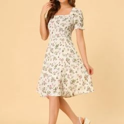Allegra K Women's Floral Square Neck Midi Smocked A-line Dress
