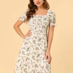 Allegra K Women's Floral Square Neck Midi Smocked A-line Dress