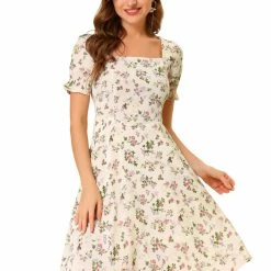 Allegra K Women's Floral Square Neck Midi Smocked A-line Dress