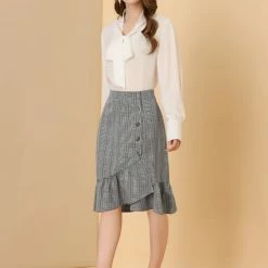 Allegra K Women's Wrap Skirts Plaid Button Closure Mermaid Ruffle Fishtail Skirt 36 Allegra K Women's Wrap Skirts Plaid Button Closure Mermaid Ruffle Fishtail Skirt