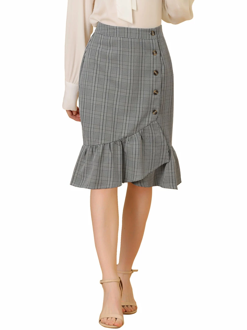 Allegra K Women's Wrap Skirts Plaid Button Closure Mermaid Ruffle Fishtail Skirt 16 Allegra K Women's Wrap Skirts Plaid Button Closure Mermaid Ruffle Fishtail Skirt