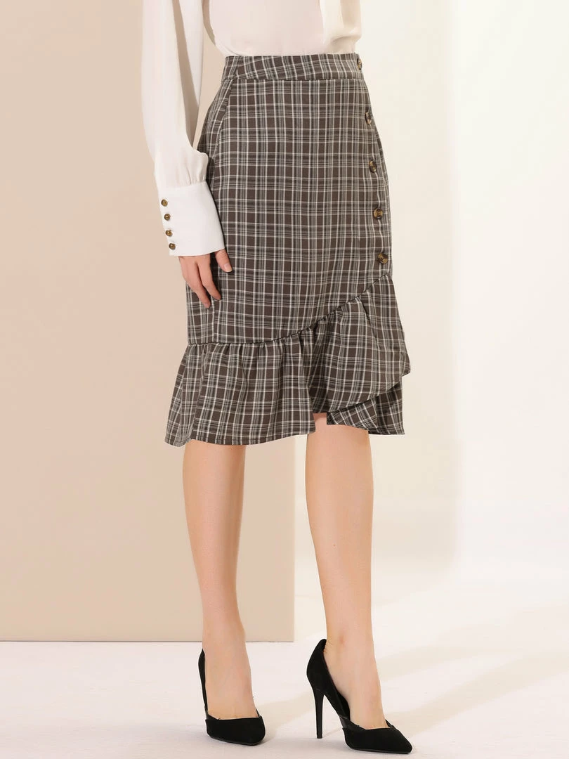 Allegra K Women's Wrap Skirts Plaid Button Closure Mermaid Ruffle Fishtail Skirt 11 Allegra K Women's Wrap Skirts Plaid Button Closure Mermaid Ruffle Fishtail Skirt