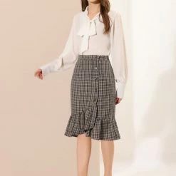 Allegra K Women's Wrap Skirts Plaid Button Closure Mermaid Ruffle Fishtail Skirt 30 Allegra K Women's Wrap Skirts Plaid Button Closure Mermaid Ruffle Fishtail Skirt