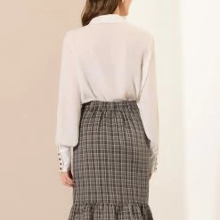 Allegra K Women's Wrap Skirts Plaid Button Closure Mermaid Ruffle Fishtail Skirt 32 Allegra K Women's Wrap Skirts Plaid Button Closure Mermaid Ruffle Fishtail Skirt