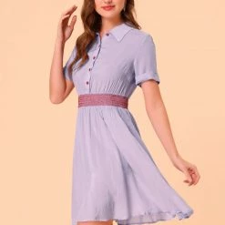 Allegra K Women's A-line Button Smocked Color Block Summer Dress