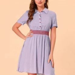 Allegra K Women's A-line Button Smocked Color Block Summer Dress