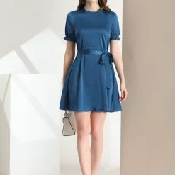 Allegra K Women's Ruffle Neck Stand Collar Tie Waist Satin Puff Short Sleeve Dress