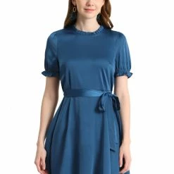 Allegra K Women's Ruffle Neck Stand Collar Tie Waist Satin Puff Short Sleeve Dress