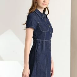 Allegra K Women's Denim Collared Short Sleeve Summer A-line Dress 11 Allegra K Women's Denim Collared Short Sleeve Summer A-line Dress