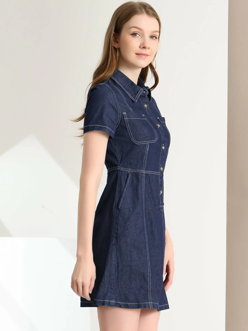 Allegra K Women's Denim Collared Short Sleeve Summer A-line Dress 6 Allegra K Women's Denim Collared Short Sleeve Summer A-line Dress