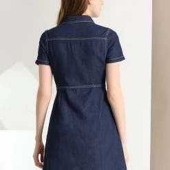 Allegra K Women's Denim Collared Short Sleeve Summer A-line Dress 12 Allegra K Women's Denim Collared Short Sleeve Summer A-line Dress