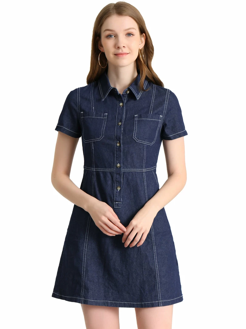 Allegra K Women's Denim Collared Short Sleeve Summer A-line Dress 4 Allegra K Women's Denim Collared Short Sleeve Summer A-line Dress