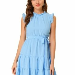 Allegra K Women's Ruffle Neck Tie Belted Sleeveless A-line Tiered Dress